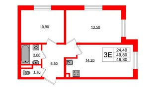 Квартира в ЖК Ржевский парк, 2 комнатная, 49.8 м², 1 этаж