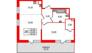 Квартира в ЖК «ЛДМ», 1 комнатная, 68.5 м², 9 этаж