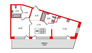 Квартира в ЖК «ЛДМ», 2 комнатная, 69.4 м², 9 этаж