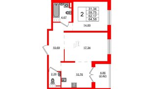 Квартира в ЖК Образцовый квартал, 2 комнатная, 59.75 м², 3 этаж