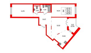 Квартира в ЖК Образцовый квартал, 3 комнатная, 76.47 м², 1 этаж