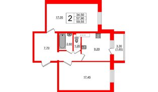 Квартира в ЖК «Ленский», 2 комнатная, 59.55 м², 15 этаж
