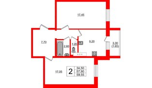 Квартира в ЖК «Ленский», 2 комнатная, 59.55 м², 11 этаж