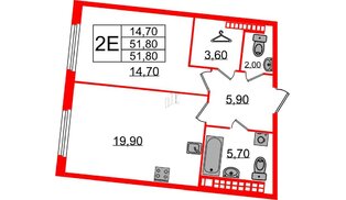 Квартира в ЖК Визионер, 1 комнатная, 51.9 м², 9 этаж