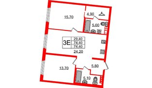 Квартира в ЖК Визионер, 2 комнатная, 74.4 м², 3 этаж