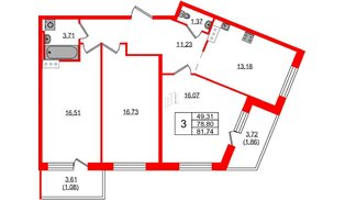 Квартира в ЖК Невский Берег, 3 комнатная, 77.6 м², 4 этаж