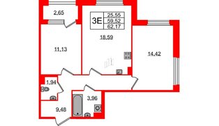 Квартира в ЖК Квартал Б15, 2 комнатная, 59.52 м², 3 этаж