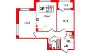 Квартира в ЖК «Квартал Б15», 2 комнатная, 58.64 м², 7 этаж