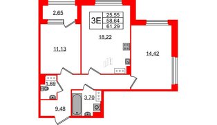 Квартира в ЖК «Квартал Б15», 2 комнатная, 58.64 м², 7 этаж