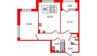 Квартира в ЖК Квартал Б15, 2 комнатная, 59.51 м², 3 этаж