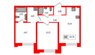 Квартира в ЖК Alpen, 2 комнатная, 52.76 м², 6 этаж