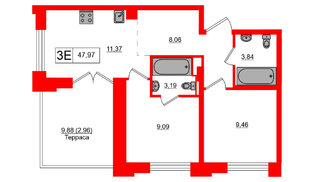 Квартира в ЖК Alpen, 2 комнатная, 47.97 м², 9 этаж