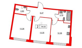Квартира в ЖК Авиатор, 2 комнатная, 54.02 м², 2 этаж