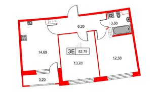 Квартира в ЖК Авиатор, 2 комнатная, 52.79 м², 18 этаж