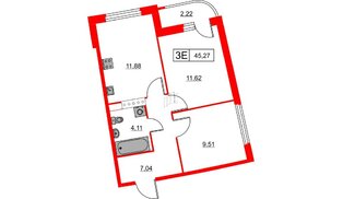 Квартира в ЖК Авиатор, 2 комнатная, 45.27 м², 11 этаж