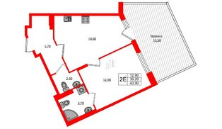 Квартира в ЖК Экография, 1 комнатная, 43.9 м², 1 этаж