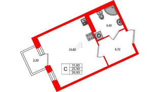 Квартира в ЖК «Экография», студия, 26.6 м², 2 этаж