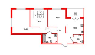 Квартира в ЖК «Образцовый квартал», 3 комнатная, 77.04 м², 1 этаж