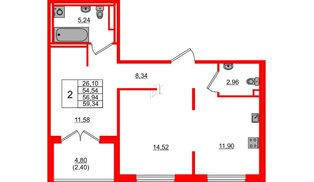 Квартира в ЖК Образцовый квартал, 2 комнатная, 54.54 м², 1 этаж
