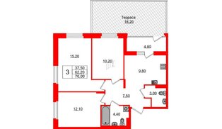 Квартира в ЖК «Экография», 3 комнатная, 70 м², 1 этаж