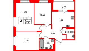 Квартира в ЖК «Экография», 3 комнатная, 64.4 м², 2 этаж