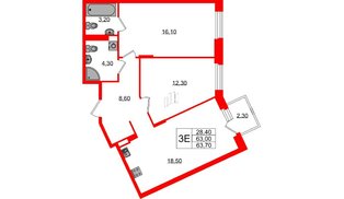 Квартира в ЖК «Экография», 2 комнатная, 63.7 м², 2 этаж