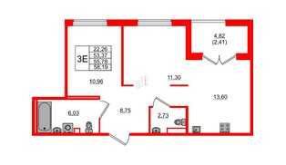 Квартира в ЖК Образцовый квартал, 2 комнатная, 53.37 м², 1 этаж