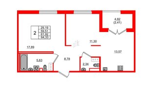 Квартира в ЖК Образцовый квартал, 2 комнатная, 59.51 м², 2 этаж