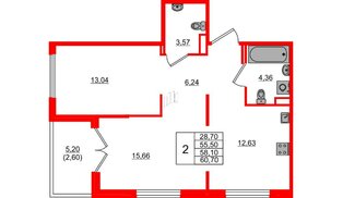 Квартира в ЖК Образцовый квартал, 2 комнатная, 55.5 м², 1 этаж