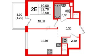 Квартира в ЖК «Янила Форест», 1 комнатная, 33.9 м², 3 этаж