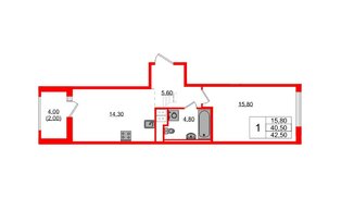 Квартира в ЖК Янила Форест, 1 комнатная, 42.5 м², 9 этаж