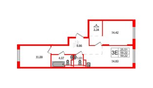 Квартира в ЖК Новые Лаврики, 2 комнатная, 59.22 м², 8 этаж