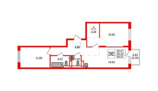 Квартира в ЖК Новые Лаврики, 2 комнатная, 60.01 м², 11 этаж