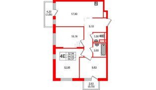 Квартира в ЖК Новые Лаврики, 3 комнатная, 66.57 м², 10 этаж