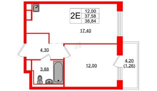 Квартира в ЖК «Новые Лаврики», 1 комнатная, 38.84 м², 5 этаж