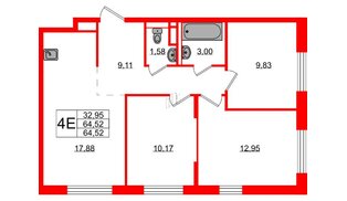 Квартира в ЖК Новые Лаврики, 3 комнатная, 64.52 м², 2 этаж