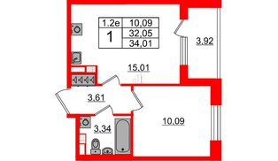 Квартира в ЖК «Парадный ансамбль», 1 комнатная, 32.05 м², 5 этаж