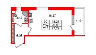 Квартира в ЖК «Парадный ансамбль», студия, 26.03 м², 2 этаж