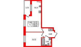 Квартира в ЖК «Парадный ансамбль», 1 комнатная, 36.75 м², 5 этаж