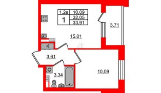 Квартира в ЖК «Парадный ансамбль», 1 комнатная, 32.05 м², 5 этаж