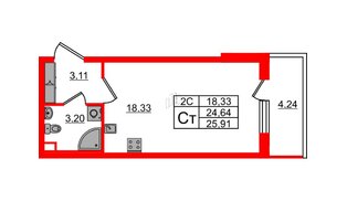 Квартира в ЖК «Парадный ансамбль», студия, 24.64 м², 2 этаж