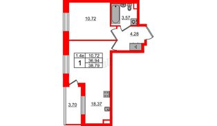 Квартира в ЖК «Парадный ансамбль», 1 комнатная, 36.94 м², 2 этаж