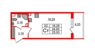 Квартира в ЖК «Парадный ансамбль», студия, 24.65 м², 3 этаж