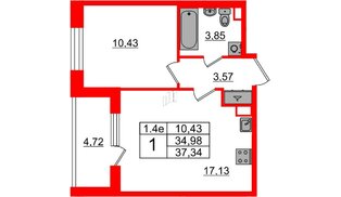 Квартира в ЖК «Парадный ансамбль», 1 комнатная, 34.98 м², 2 этаж