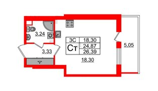 Квартира в ЖК «Парадный ансамбль», студия, 24.87 м², 2 этаж