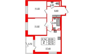 Квартира в ЖК «Парадный ансамбль», 2 комнатная, 53.33 м², 1 этаж