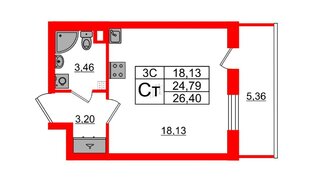 Квартира в ЖК «Парадный ансамбль», студия, 24.79 м², 2 этаж