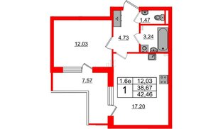 Квартира в ЖК «Парадный ансамбль», 1 комнатная, 38.67 м², 2 этаж