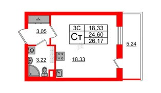 Квартира в ЖК «Парадный ансамбль», студия, 24.6 м², 5 этаж