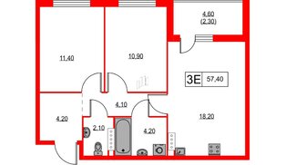 Квартира в ЖК А101 Лаголово, 2 комнатная, 57.4 м², 9 этаж